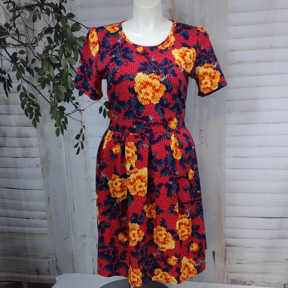LuLaRoe Amelia Fit-n-flare Red and Yellow Floral Midi Dress Size 3X